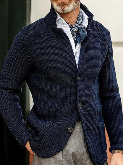 Thick Knitted Cardigan Suit with Standing Collar