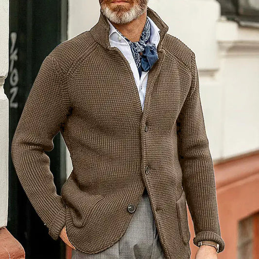 Thick Knitted Cardigan Suit with Standing Collar