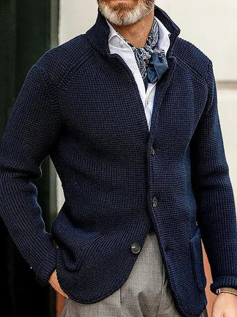 Thick Knitted Cardigan Suit with Standing Collar